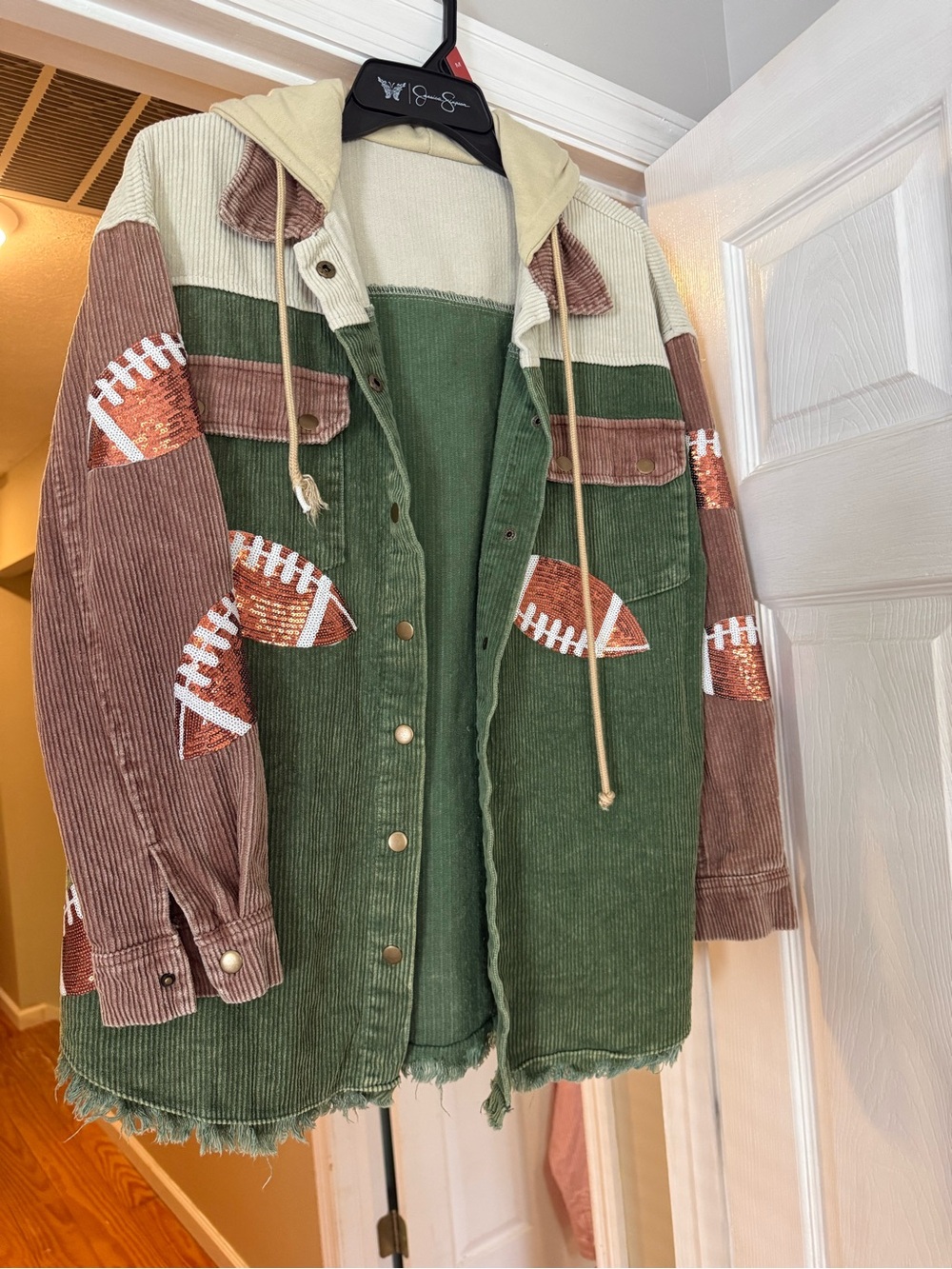 Green & Brown Corduroy Hooded Jacket with Football Motif